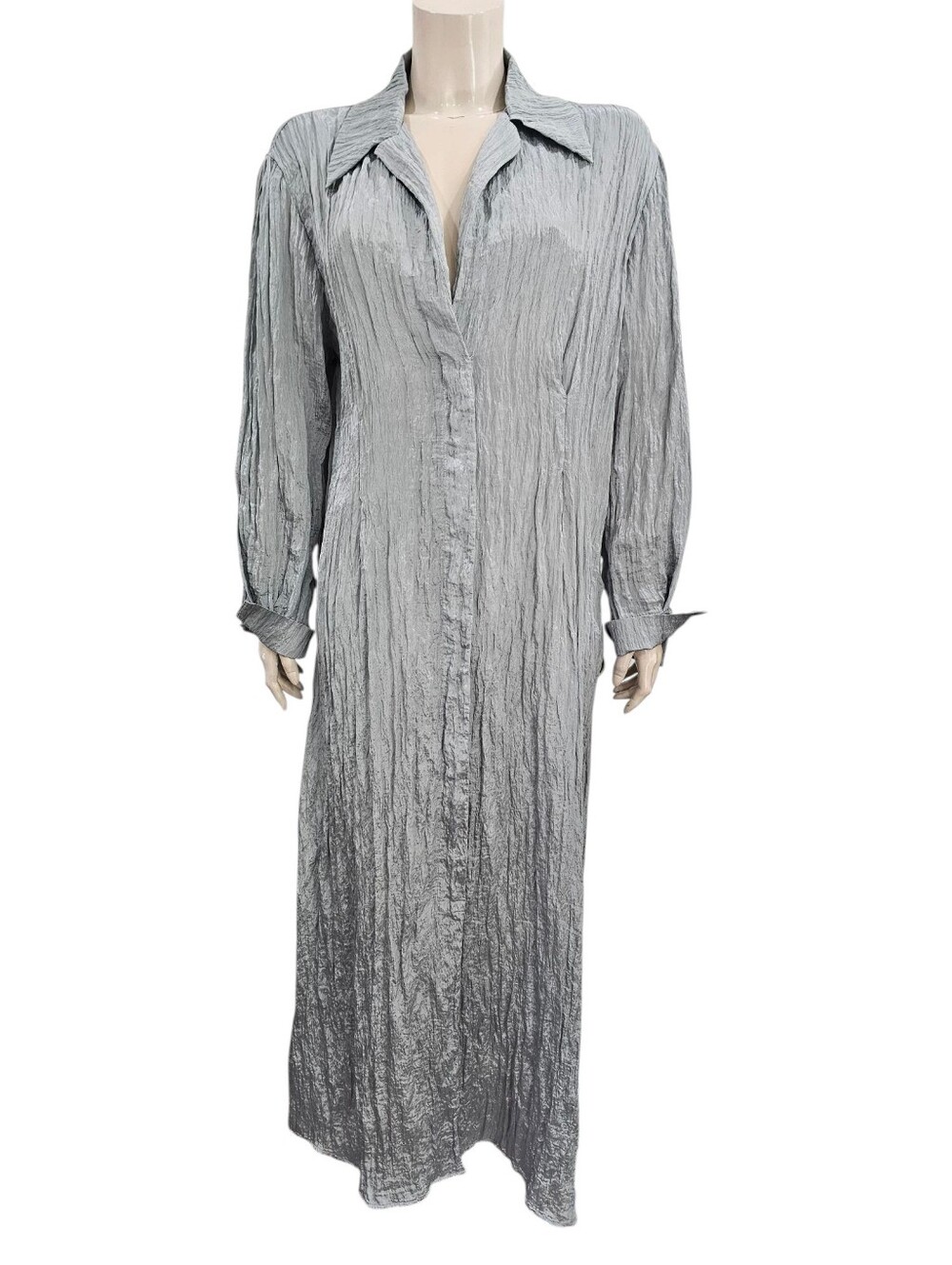 VINCE Crinkled Pleated Satin Shirtdress Maxi Dress in Sea Stone Green XL